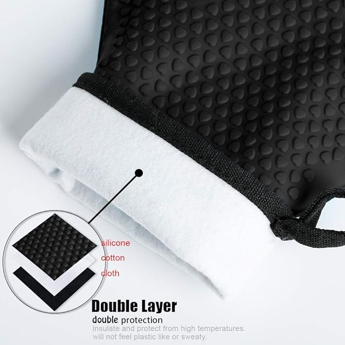 Loveuing Kitchen Oven Gloves - Dual-Layer Heat Resistant Grilling Gloves, Silicone Oven Mitts with 5 Fingers, Waterproof Non-Slip Pot Holder for Barbecue, Cooking, Baking (Black)