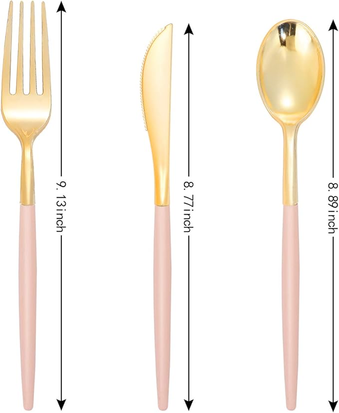 I00000 144 Pink Plastic Silverware, Fancy Gold Silverware with Pink Handle