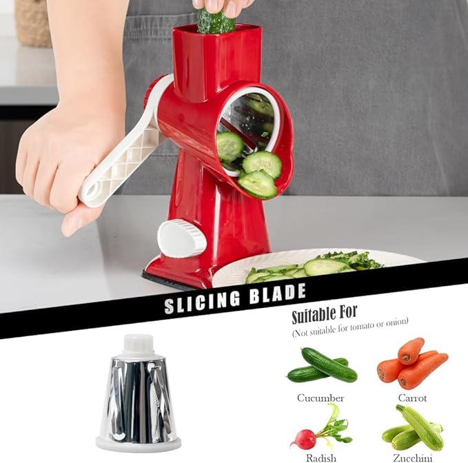 Badelite Cheese Grater Hand Crank Rotating Cheese Shredder Stainless Steel Vegetable Slicer Grater for Kitchen 3 Blades for Cheese, Carrot, Cucumber, Nuts, Chocolate, Red