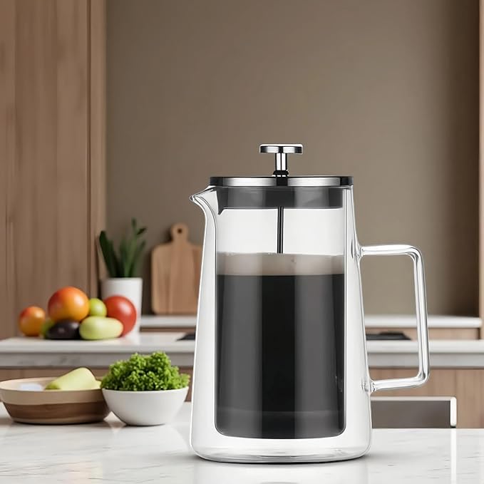 PanSukided French Press Coffee Maker 34Oz (1 Liter), DoubleWall Insulated Borosilicate Glass, Heat-Resistant Design, Stainless Steel Filter for Coffee, Tea & Cold Brew