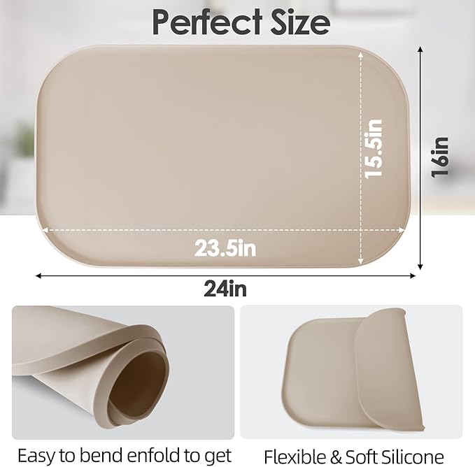 Silicone Coffee Maker Mat with Lip for Countertops, 24'' x 16'', Khaki