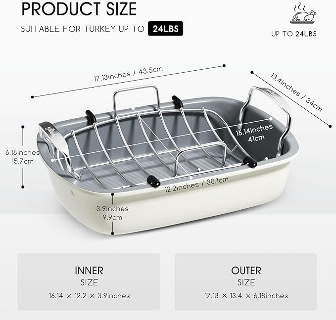 Turkey Roasting Pan, 17x13 Inch Nonstick Turkey Roaster Pan, Cream&Silver