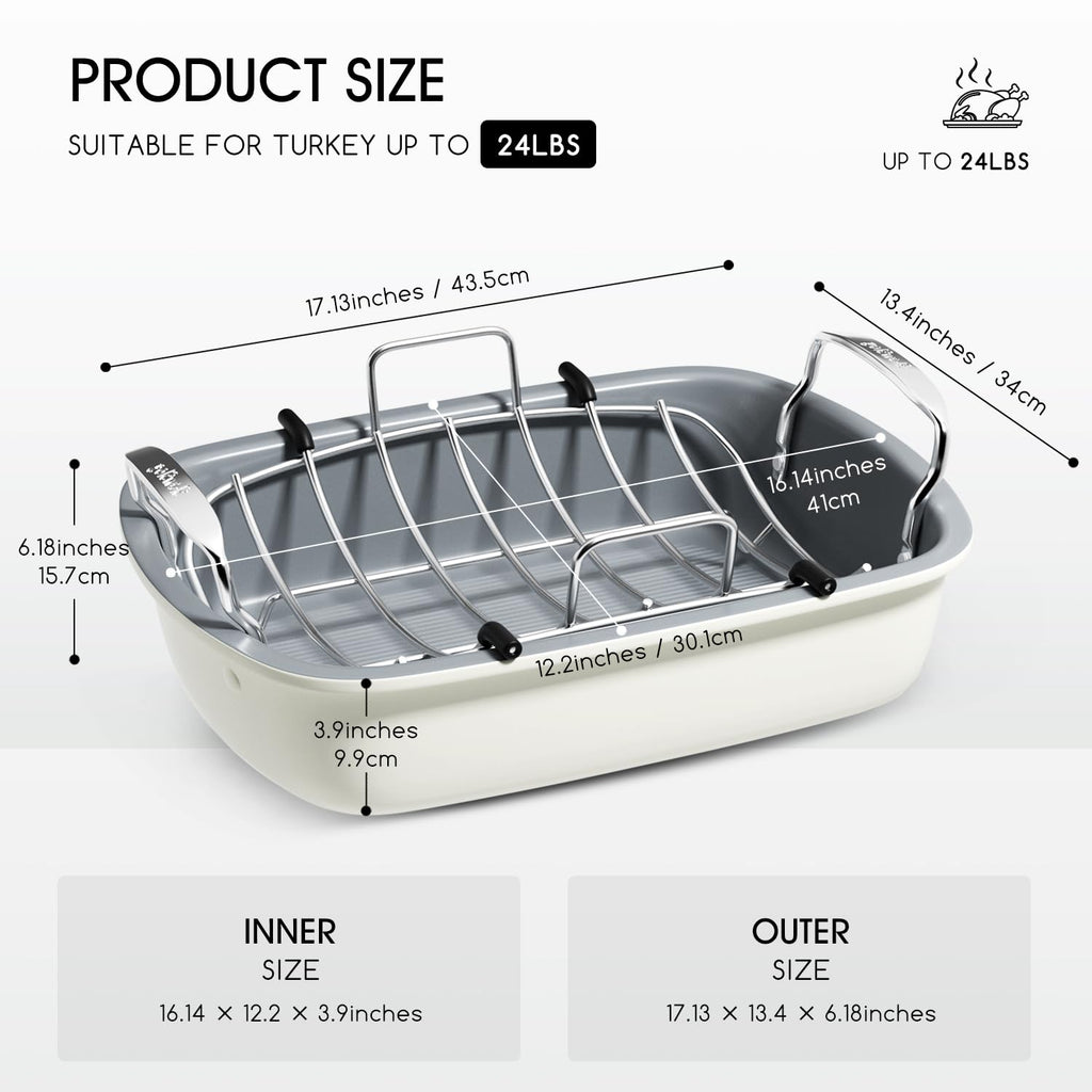 Turkey Roasting Pan, 17x13 Inch Nonstick Turkey Roaster Pan, Cream&Silver