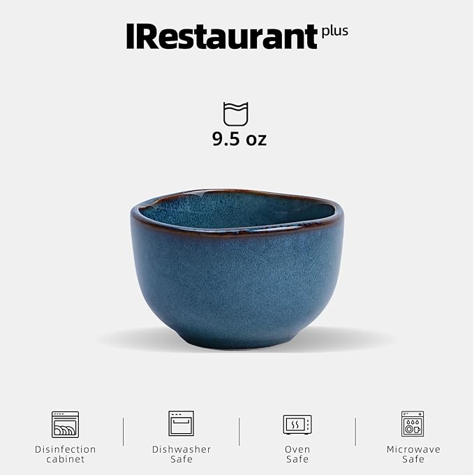 Organic Shape Highland Ceramic Bouillon Cup, 24pcs 9oz Handmade Reactive Glaze Stoneware Dip Bowls with Wavy Edge, for Kitchen, Microwave & Dishwasher Safe, Scratch Resistant-Blue