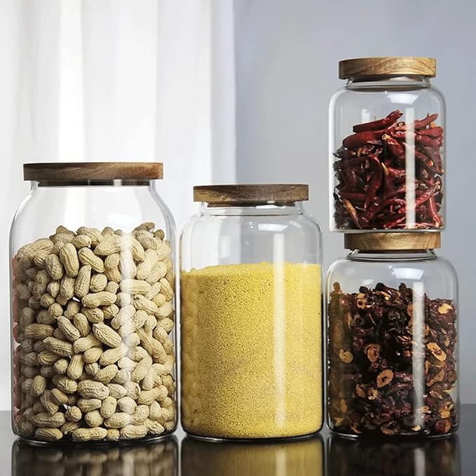 WINAKUI Large Glass Jars with Airtight Wooden Lid, Food Storage Glass Canister, Clear Cereal Storage Container for Flour, Sugar, Coffee Beans, Snack (40 FL OZ (1200ml))