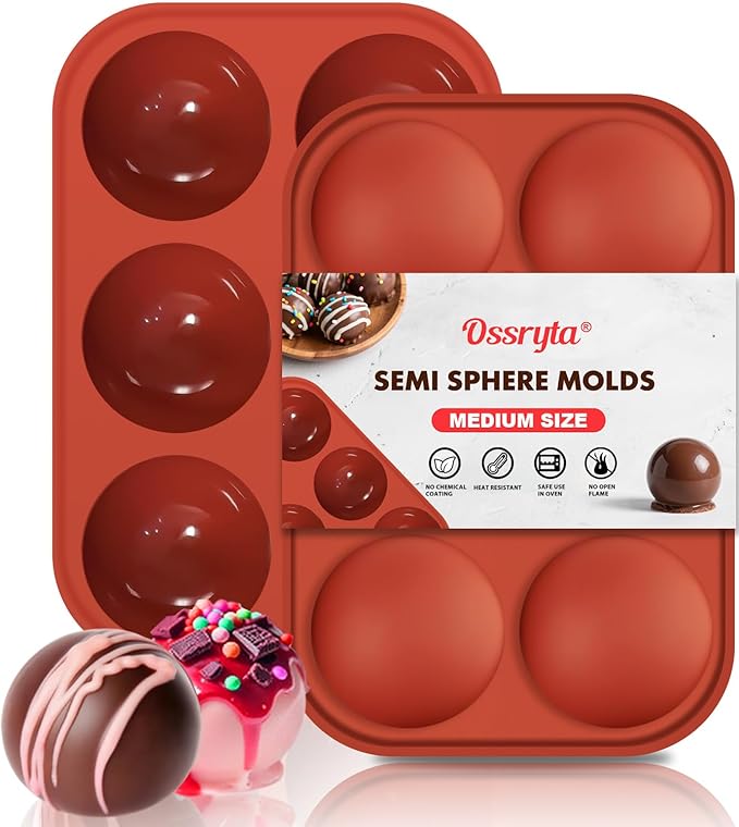 Ossryta 6-Cavity Medium Semi-Sphere Silicone Molds - Hot Chocolate Bomb Molds for Baking, Dome Cakes, Candy, Jelly & Mousse - Reusable, Non-Stick Half Sphere Chocolate Mold Set (2 Pack)