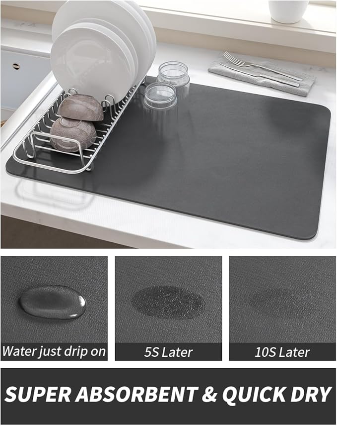 AMOAMI Coffee Mat Dish Drying Mat for Kitchen Counter-Bar Accessories, Hide Stain, Rubber Backed, Absorbent, Fit Under Coffee Maker, Espresso Machine, Pot, Dish Rack, 12"x19", Dark Grey