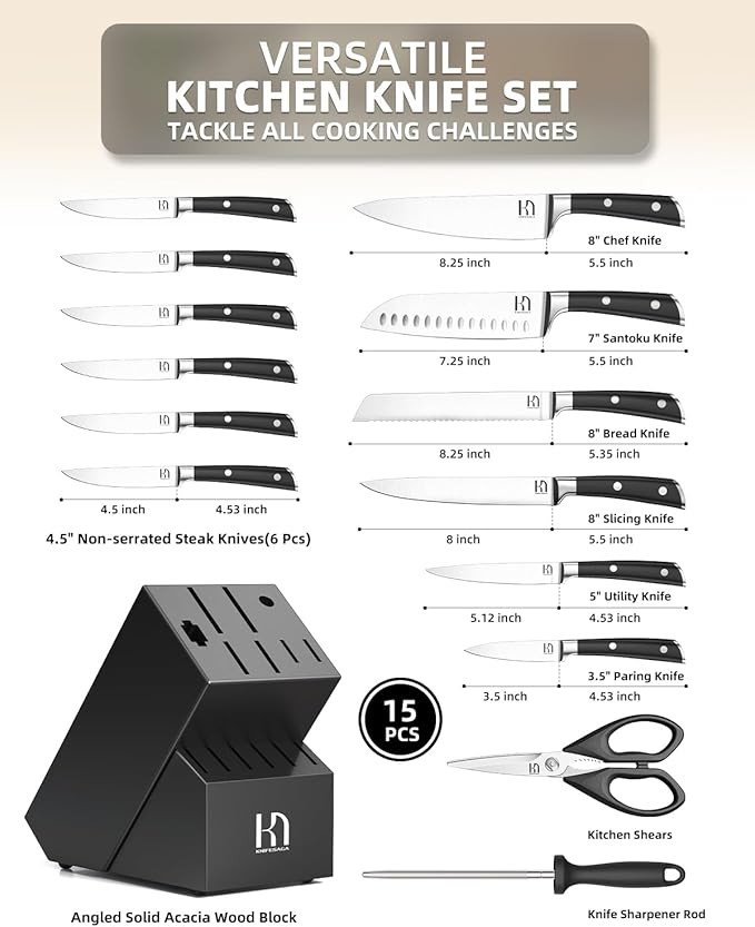KnifeSaga Knife Set 15 Pcs High Carbon Stainless Steel Kitchen Knife Sets with Block & Sharpener, Premium Razor-Sharp Black Knives Block Set for Kitchen, Ergonomic Full-Tang Handle