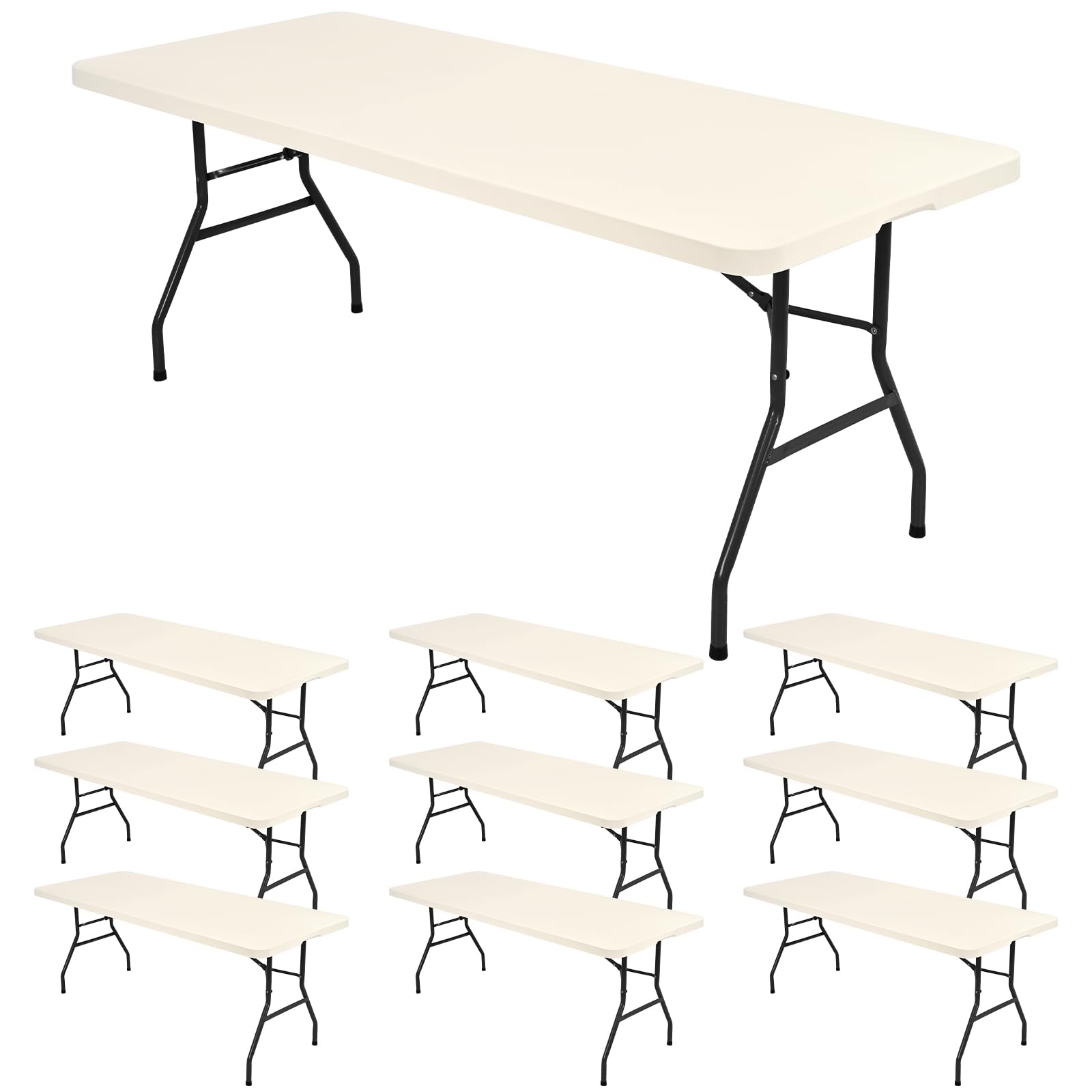 10 Pack Fitted Tablecloth for 8 Foot Rectangle Tables, Ivory Elastic Outdoor Picnic Table Cover, Washable Stretch Folding Table Cloths 8 ft for Camping Party Patio Kitchen Banquet, 30" W x 96" L