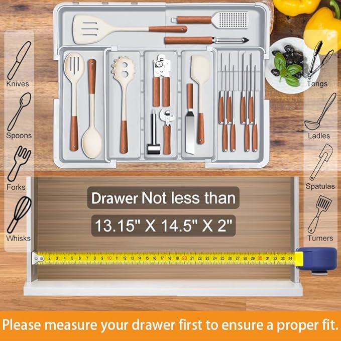 Homecor Large Utensil Organizer for Kitchen Drawer, Expandable Silverware Drawer Organizer Cooking Tray, Cutlery and Flatware Utensil Holder Kitchen Spatula Tools Storage with 3 Dividers, Grey
