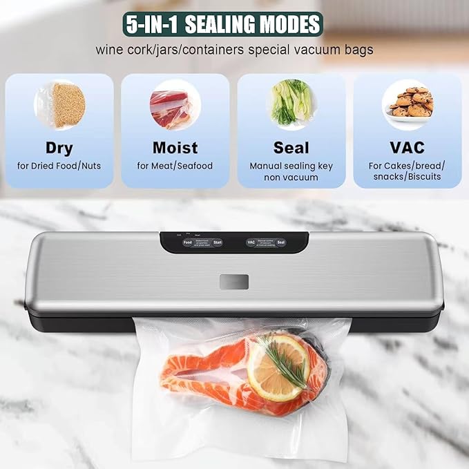 Compact Food Saver Vacuum Sealer Machine 100 Times Consecutive Works | 5mm Sealing Wire | 5 Food Modes | Portable Dry&Moist Multi-Functional Storage with 10 Vacuum Seal Bags