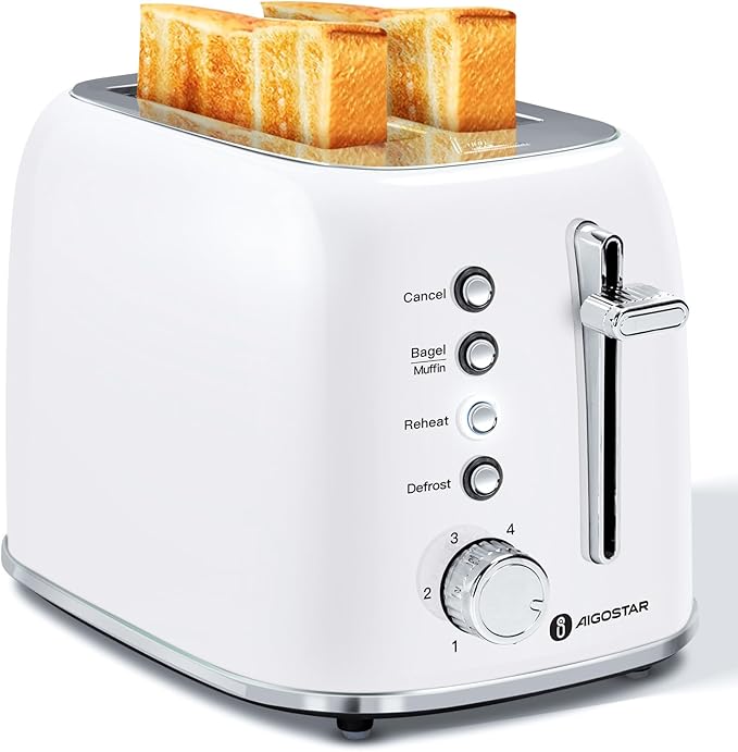 Aigostar Retro 2 Slice Toaster, Stainless Steel, White