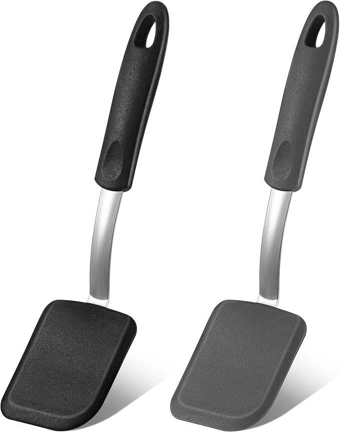 Yetene Silicone Cookie Spatula Turner 2 Pack Mini Brownie Spatula Flexible Kitchen Small Silicone Turner for Nonstick Cookware Heat Resistant No Scratch Flipper for Egg(Solid Flat,Black, Grey)