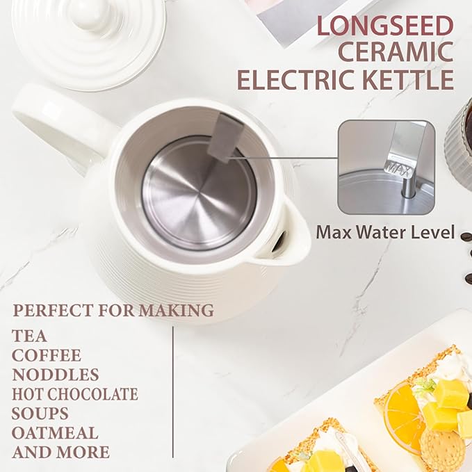 LONGSEED 1.26 Quarts Ceramic Electric Kettle with Infuser & Cups Kit, Boil Water Teapot, Boil-Dry Protection Auto Shut-off, Detachable Swivel Base, 1000W Fast Boiling for Tea and Coffee