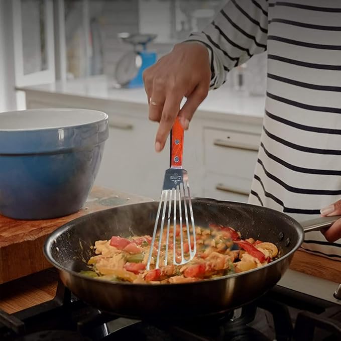 La Cuisine Extra Flexible Stainless Steel Fish Slotted Spatula Turner with Beveled Edge Wood handle, 6.5" Blade, 11" Length for Flipping Fish, Eggs, Pancakes, Patties & Fries