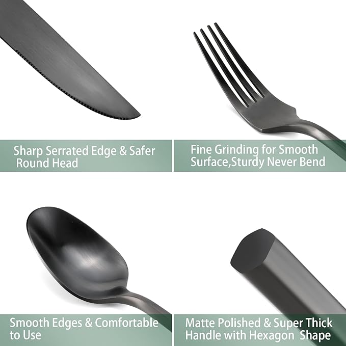 DEACORY Silverware Set Matte Black Hexagon 60-Piece Service for 12