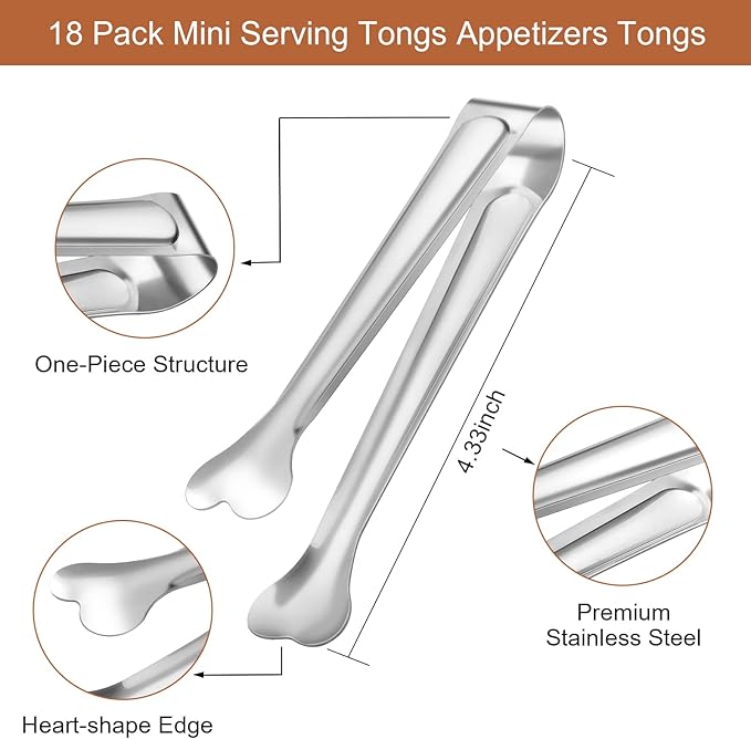 Dmoera 18 Pack Premium Small Serving Tongs, Mini Stainless Steel Appetizer Tongs 4.33Inch Silver