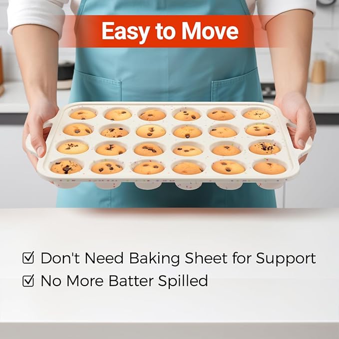 CAKETIME Mini Cupcake Pans, Metal Reinforced Frame Silicone Mini Muffin Pan Nonstick 24 Cups Easy to Handle for Baking Muffins, Cupcakes, Egg Bites 1 Pack