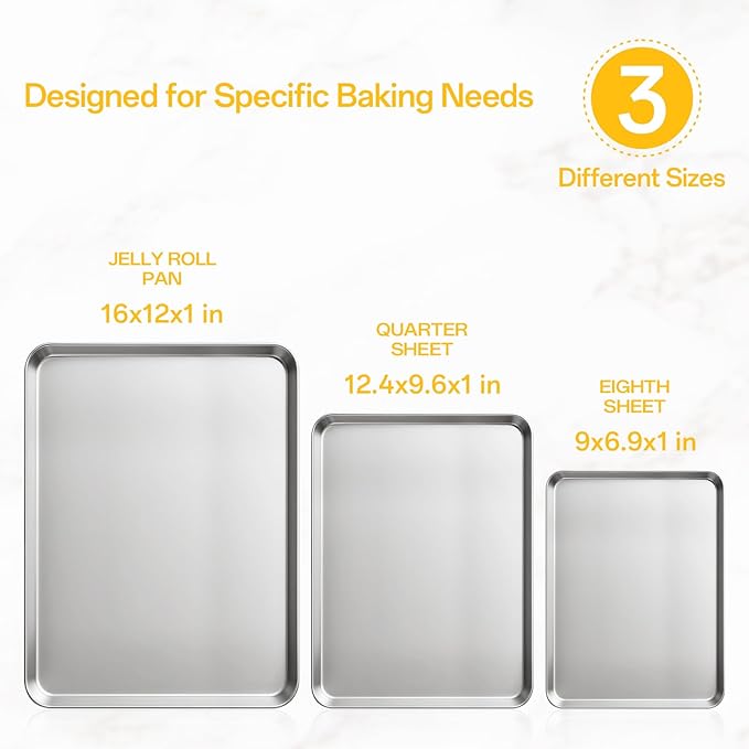 Ohtomber 3 Pack Heavy Duty Stainless Steel Baking Sheet Set, 9/12/16 Inch
