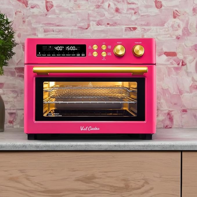 VAL CUCINA 26.3 QT Limited Edition Happy Pink Infrared Heating Air Fryer Toaster Oven, Large Countertop Convection Oven 10-in-1 Combo, 6-Slice Toast, Enamel Baking Pan Easy Clean with Recipe Book