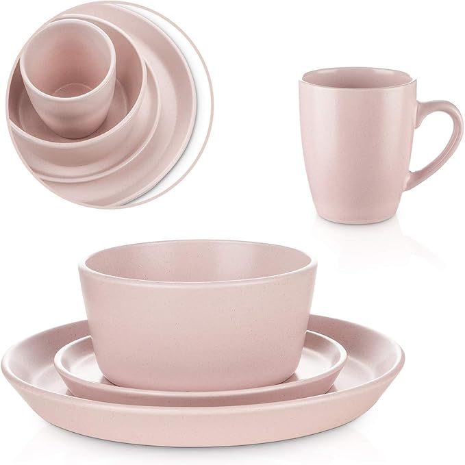 Stone Lain Albie Stoneware 32-Piece Modern Dinnerware Set, Kitchen Plates and Bowls Sets, Service for 8, Pink, Microwave & Dishwasher Safe