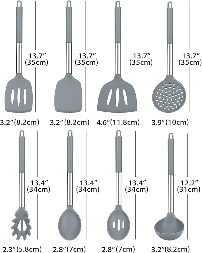 Silicone Cooking Utensils Set, 8 Pcs Kitchen Utensils with Holder, Gray