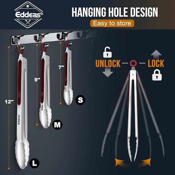 Eddeas Tongs For Cooking - 7",9" and 12 inch Kitchen Tong Heat Resistant 600 Degrees Stainless Steel Tongs, Heavy Duty Metal Locking Tong, Perfect for Food, BBQ Red Set of 3