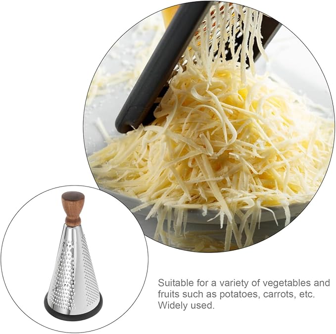 Cabilock Wooden Handle Cheese Grater Cone Shaped Manual Grater for Cheese Vegetables and Fruit Multifunctional Kitchen Utensil for Home Restaurant and Hotel Use