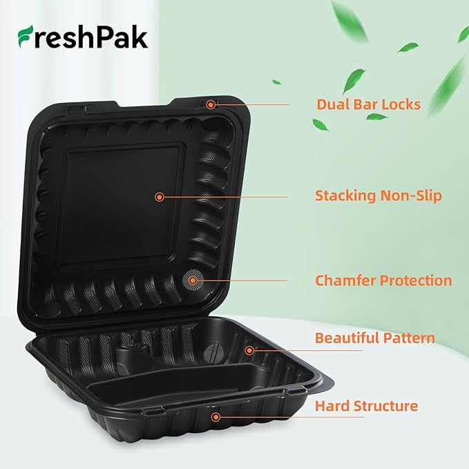 FRESHPAK 55-Pack 34oz 8x8 Black To Go Boxes - Shrink Wrapped Ready To Use