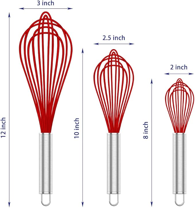 OYV Red Silicone Whisk Set of 3, 8/10/12 Inch, for Cooking Non-Scratch