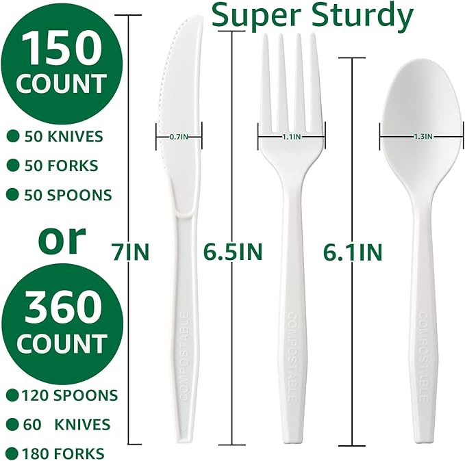 BIOCEAN 100%Compostable No Plastic Knives Disposable Forks Spoons Plastic Utensils, The Heavyweight Heavy Duty Flatware is Eco Friendly Products for Lounge Party Wedding BBQ Picnic Camping [150 Count]