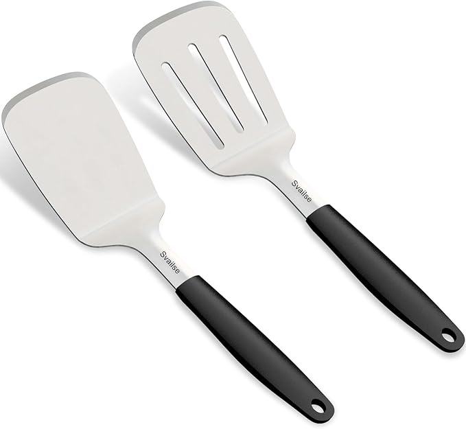 Svailse 13.4 in Stainless Steel Spatula Set of 2, Heavy Duty Solid & Slotted Metal Spatula with Silicone Handle for Cast Iron Skillet, Egg, Burger and Grilling, Large