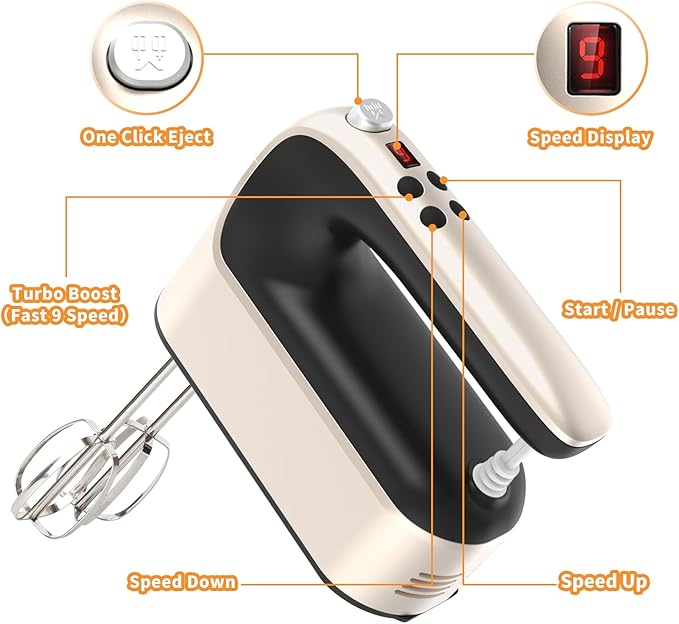 Yomelo 9-Speed Digital Hand Mixer Electric, 400W Powerful DC Motor, Hand Mixer Electric Handheld with Snap-On Storage Case, 5 Stainless Steel Accessories, Beaters, Dough Hooks, Whisk(Champagne Gold)