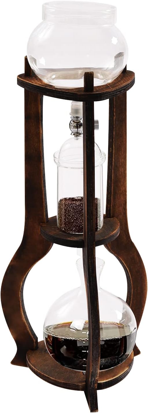 Netcoin Cold Brew Coffee Maker, 600 ml/20.29 oz Iced Coffee Tower Dripper Coffee Maker & Tea Maker 6-8 Cups, High Borosilicate Glass, Wood, 304 Stainless Steel, Copper - for Home Office (Brown)