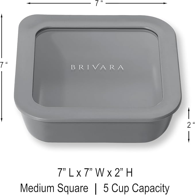 BRIVARA HOME Glass Food Storage Container with Lid, 5-Cup Medium Square | Microwave-Safe Airtight Lid, Oven-Safe Ceramic-Coated Glass | Zero Plastic, No PFAS/PFOA/BPA, Reusable [Smoke]