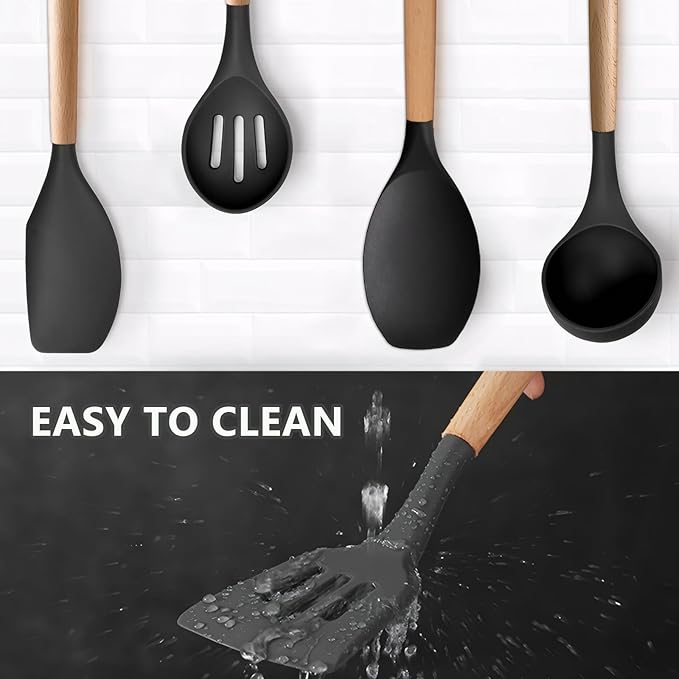 IOCBYHZ Silicone Cooking Utensils Set of 5, Heat Resistant Silicone Kitchen Utensils Set with Wooden Handle, BPA Free Spatula Spoon Turner Ladle Cooking Kitchen Gadgets for Nonstick Cookware & Baking