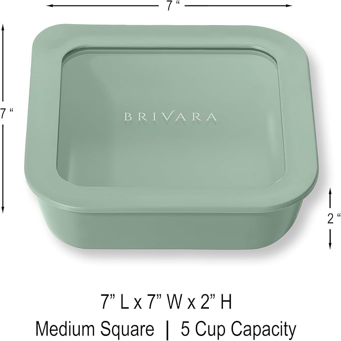 BRIVARA HOME Glass Food Storage Container with Lid, 5-Cup Medium Square | Microwave-Safe Airtight Lid, Oven-Safe Ceramic-Coated Glass | Zero Plastic, No PFAS/PFOA/BPA, Reusable [Willow]