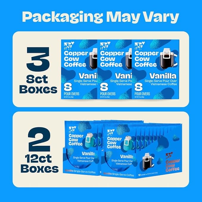 Copper Cow Coffee Premium Pour Over Single-Serve Vietnamese Coffee Pouches (24 pack) | Vanilla | Dark Roast | Flavored with Vanilla Beans | Convenient Vietnamese Ground Coffee Packets, Travel Friendly