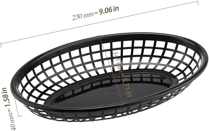 HEIHAK 40 Pack 8.9x5.7x1.6 Inch Black Plastic Fast Food Baskets, Restaurant Serving Baskets, Oval Fast Food Serving Tray for Picnic, Deli Serving, Chicken, Burgers and Fries