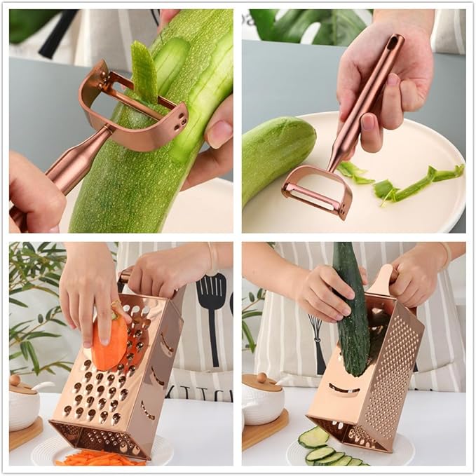 TEAHAHA 4 Sides Box Grater For Kitchen,Stainless Steel Cheese Grater With Handle,Multi-Function Vegetable Slicer Food Shredder For Chees,Ginger,Vegetables,Rose Gold