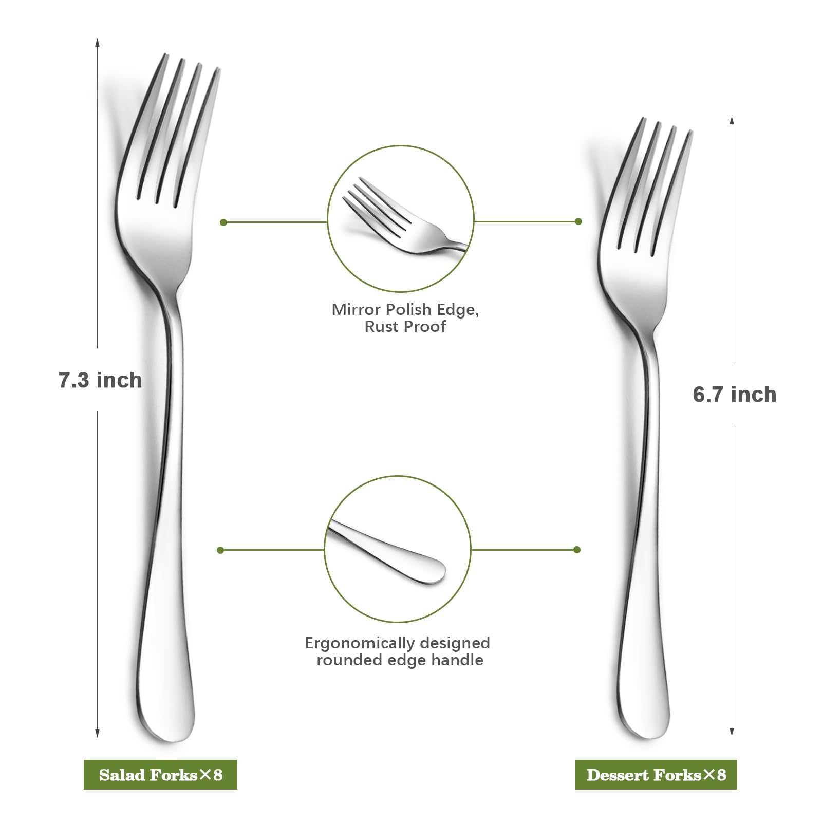 SANTUO Stainless Steel Forks Set, 6PCS 7.3" Salad Forks and 6PCS 6.7" Dessert Forks, Set of 12 Top Food Grade Silverware Forks, Mirror Polished & Dishwasher Safe