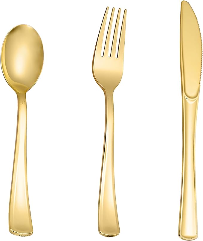 N9R 200PCS Gold Plastic Silverware, Heavy Duty Disposable Utensils/Cutlery