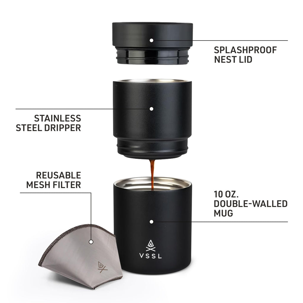 VSSL Nest Pour Over Coffee Maker, Transportable and Compact Pour Over Coffee Maker (black, Nest Pour Over Coffee Set)
