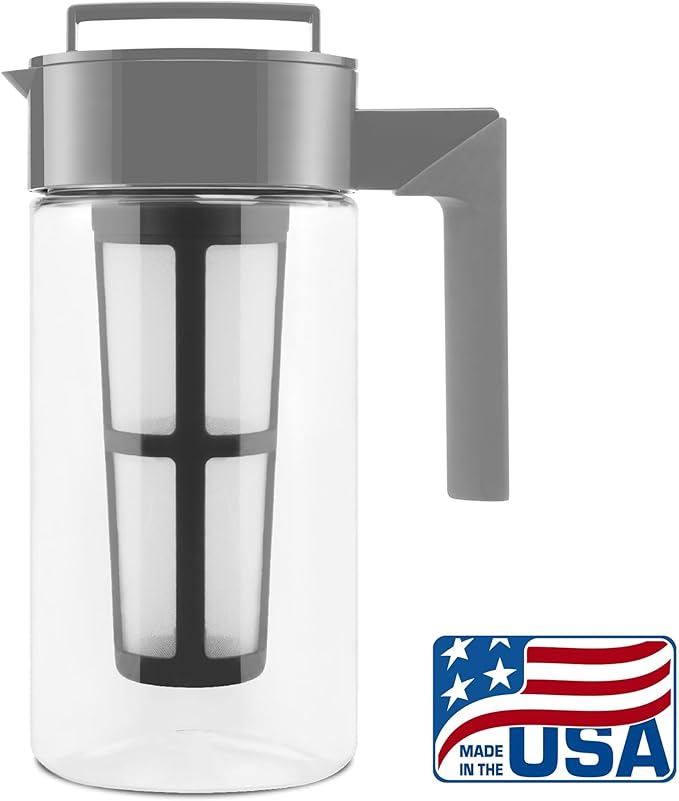 Takeya Deluxe Cold Brew Coffee Maker - BPA-Free Tritan Pitcher with Airtight Leakproof Lid, Silicone Grip Handle, Fine-Mesh Filter - Shatter-Proof, Dishwasher Safe, Made in USA - 1 Quart/Stone