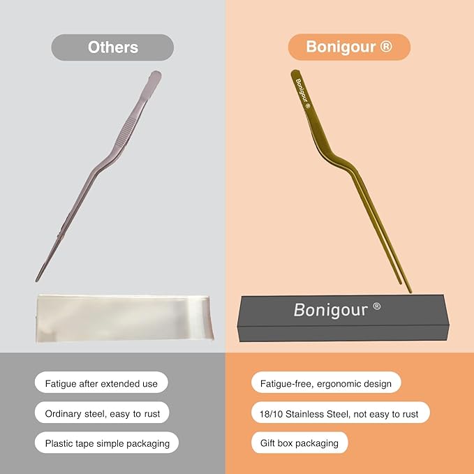 Bonigour 8 Inch Precision Offset Tweezers, Kitchen Culinary Stainless Steel Tongs, Curved Kitchen Cooking Multi-function Chef Precision Tweezer Tongs for Plating, Food Decorating and ect (Gold)