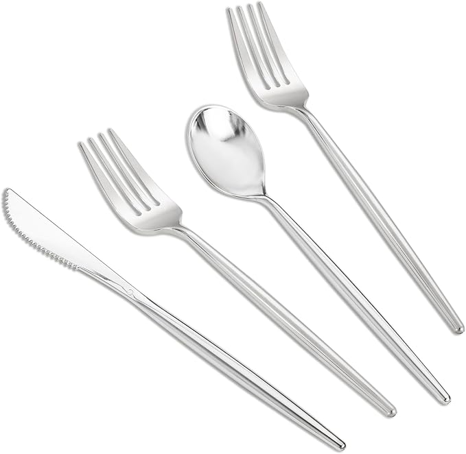 SUT 300PCS Silver Cutlery Set, Heavy Duty Disposable Utensils Include 100 Forks, 100 Spoons and 100 Knives, Premium Flatware for Party, Wedding, Birthday and Catering Events
