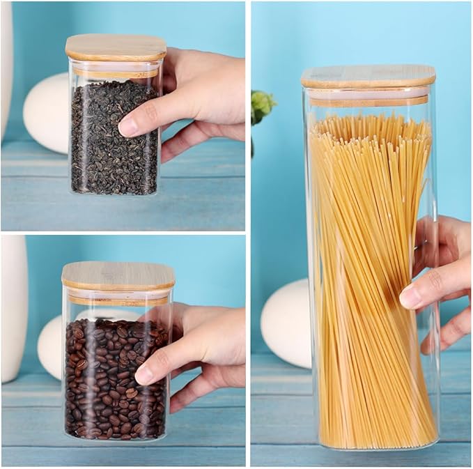 LEAVES AND TREES Y Glass Storage Canister with Wooden Lid, Set of 7 Square Glass Jars with Bamboo Lids, Glass Food Storage Containers for Pasta, Cereal, Flour, Sugar, Best for Kitchen & Pantry