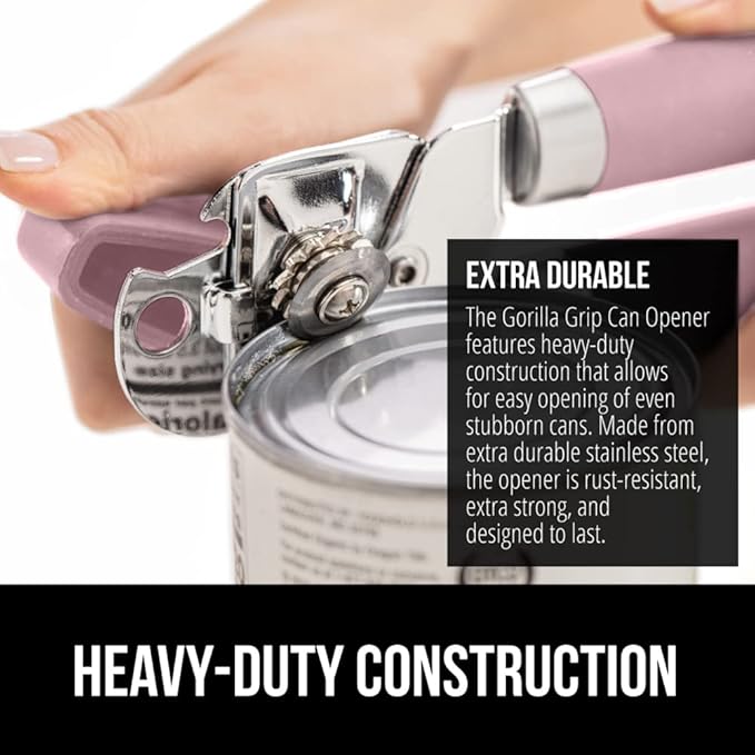 GORILLA GRIP Original Model Stainless Steel Smooth Edge Manual Can Opener and Bottle Openers, US Designed, Comfortable Handle, Oversized Handheld Turn Knob, Multifunctional Kitchen Tool, Pink