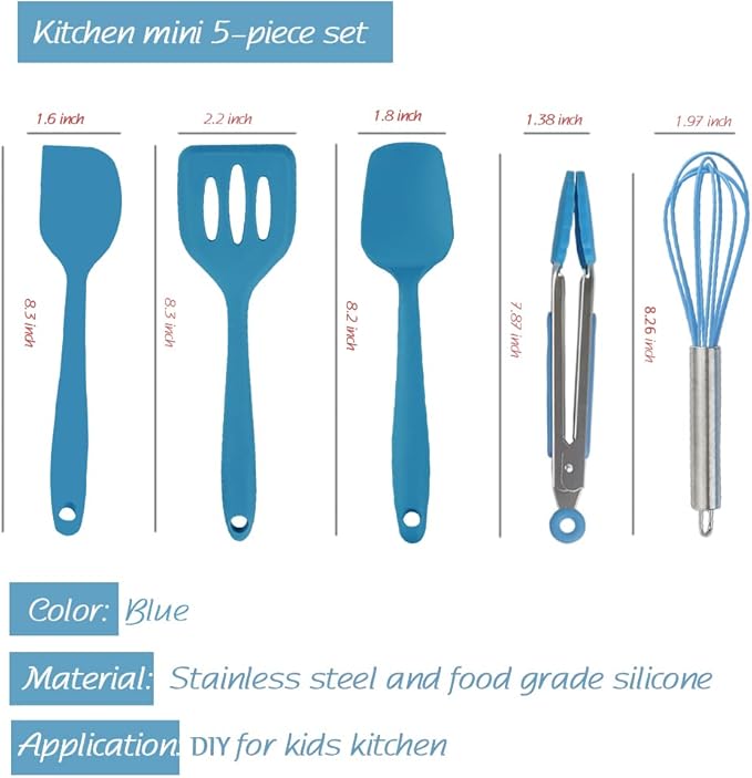 Collfa Mini Kitchen Utensil Set - Five-Piece Set, Tiny Silicone Kids Kitchen Tools - Whisk, Tongs, Spoon, Slotted Spatula - Blue