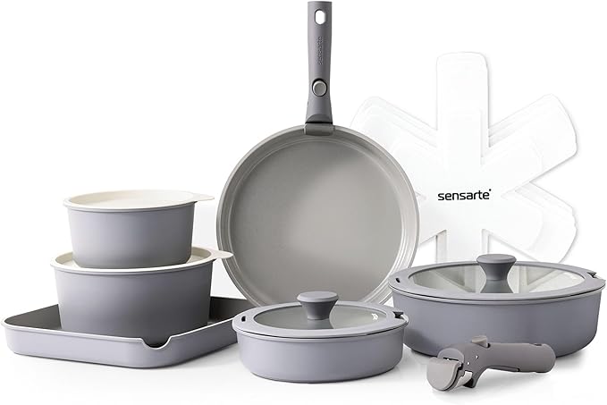 SENSARTE 17 Piece Ceramic Detachable Handle Pots and Pans Set Gray